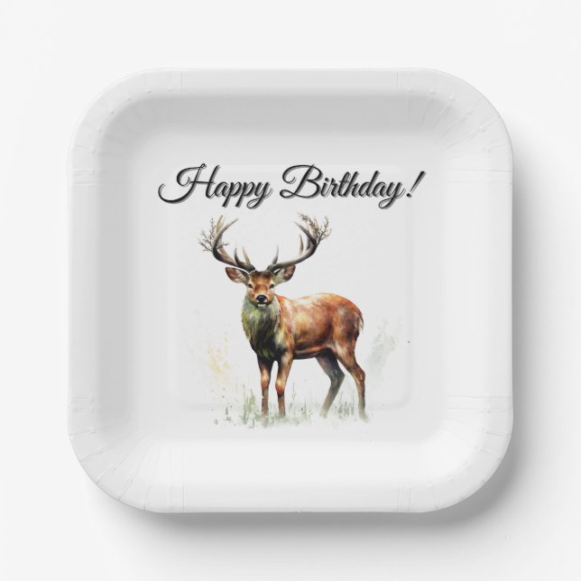 Huge Racked Deer Happy Birthday or Congratulations Paper Plate (Front)