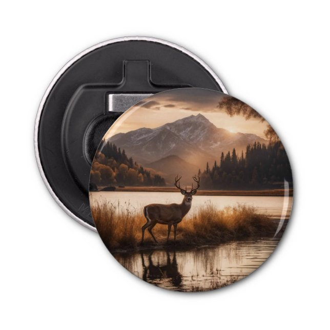 Huge Racked Deer on Mountain Lake Bottle Opener (Front)