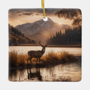 Huge Racked Deer on Mountain Lake Ceramic Ornament