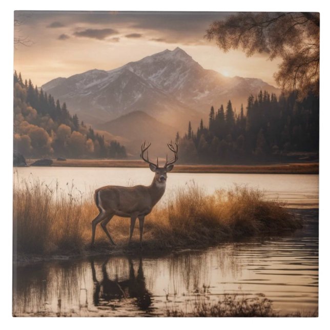 Huge Racked Deer on Mountain Lake Ceramic Tile (Front)
