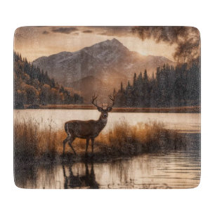 Huge Racked Deer on Mountain Lake Glass Cutting Board