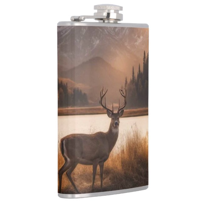 Huge Racked Deer on Mountain Lake Hip Flask (Right)