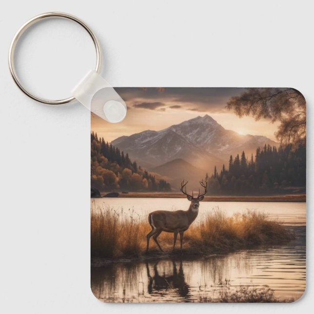Huge Racked Deer on Mountain Lake Key Ring (Front)