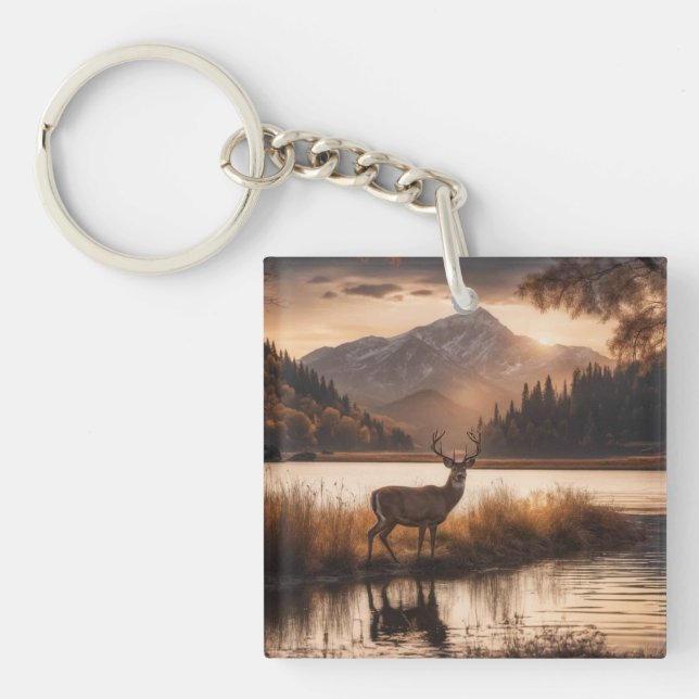 Huge Racked Deer on Mountain Lake Key Ring (Front)