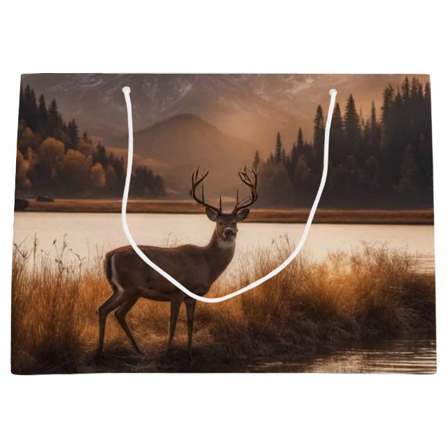 Huge Racked Deer on Mountain Lake Large Gift Bag (Front)