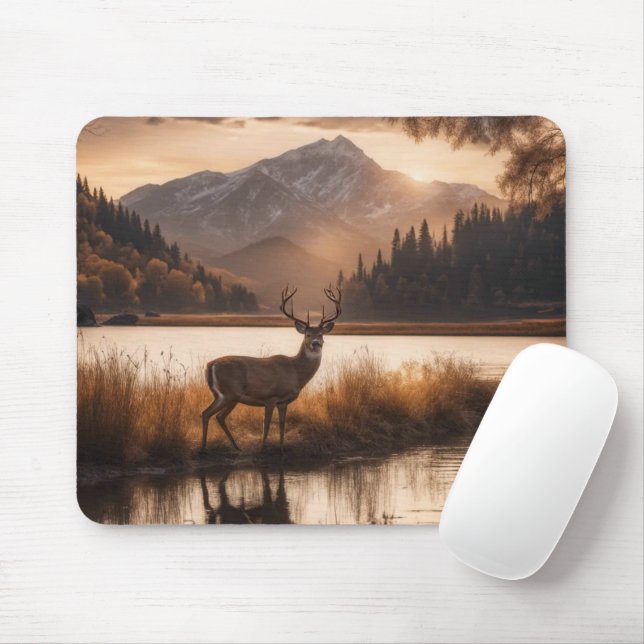 Huge Racked Deer on Mountain Lake Mouse Pad (With Mouse)