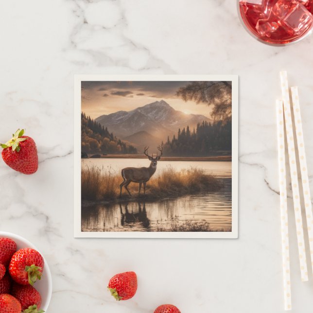 Huge Racked Deer on Mountain Lake Napkin (Insitu)