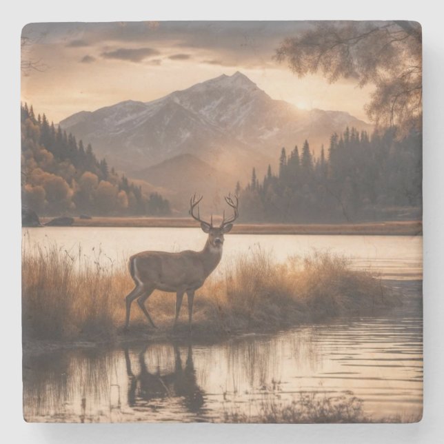 Huge Racked Deer on Mountain Lake Stone Coaster (Front)