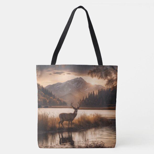 Huge Racked Deer on Mountain Lake Tote Bag (Front)