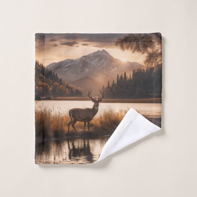 Huge Racked Deer on Mountain Lake Wash Cloth (Wash Cloth)