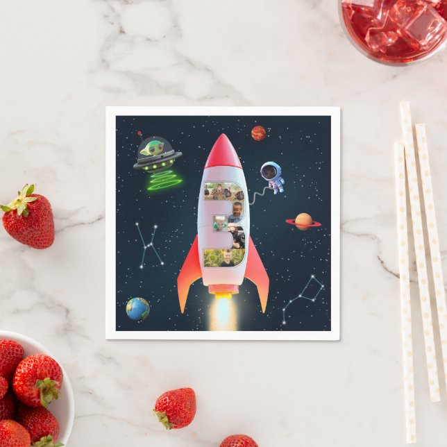 Huge Three with Photos | 3rd Birthday Rocket Space Napkin (Insitu)