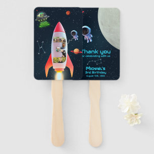 Huge Three with Photos   Space Rocket 3rd Birthday Hand Fan