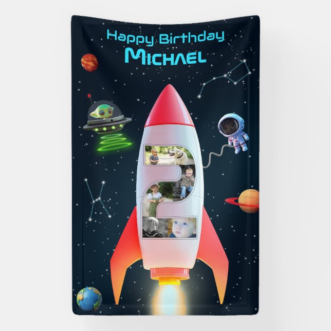 Huge Two Photo Collage | 2nd Birthday Space Rocket Banner (Vertical)