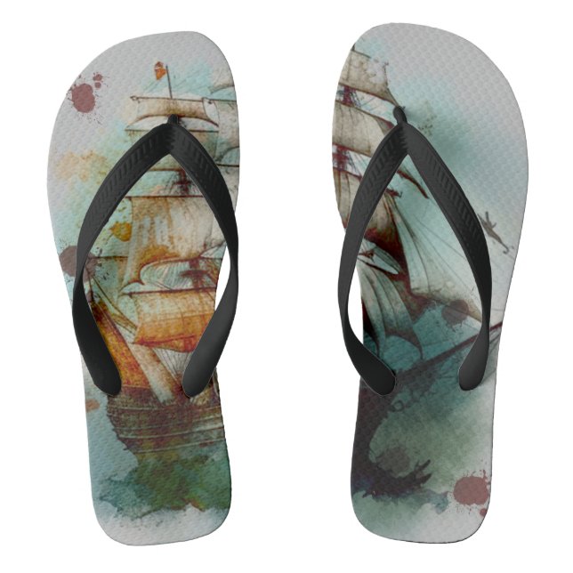 Huge watercolor pirate ship sails on the sea thongs (Footbed)