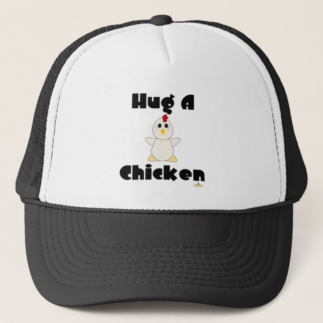 Huggable White Chicken Hug A Chicken Trucker Hat (Front)