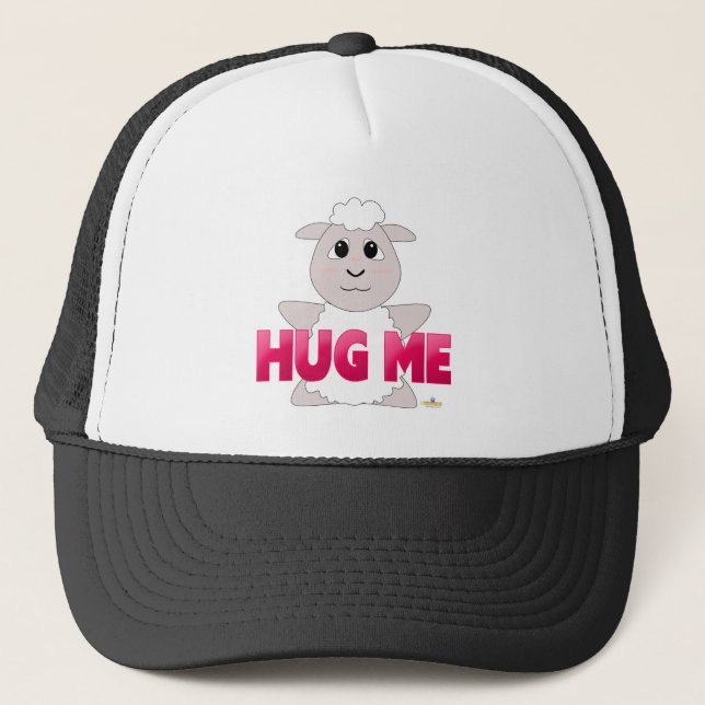 Huggable White Sheep Pink Hug Me Trucker Hat (Front)