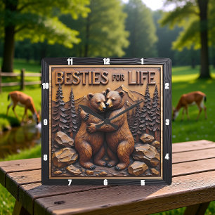 Hugging Bears Forest Brown Square Wall Clock
