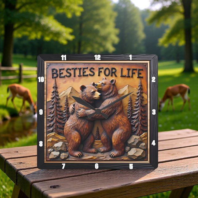 Hugging Bears Mountain Pine Square Wall Clock (Creator Uploaded)
