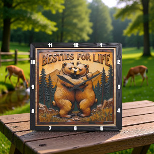 Hugging Bears Orange Mountain Square Wall Clock