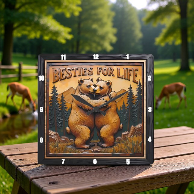 Hugging Bears Orange Mountain Square Wall Clock (Creator Uploaded)