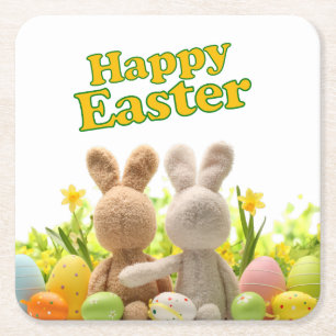 Hugging Bunnies – Happy Easter Square Paper Coaster