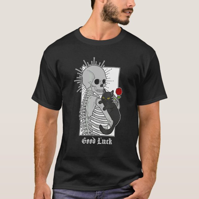 Hugging Cat Flowers Skeleton Black Cat T-Shirt (Front)