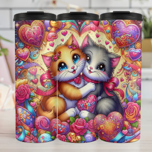 Hugging Kittens Heart Floral Thermal Tumbler