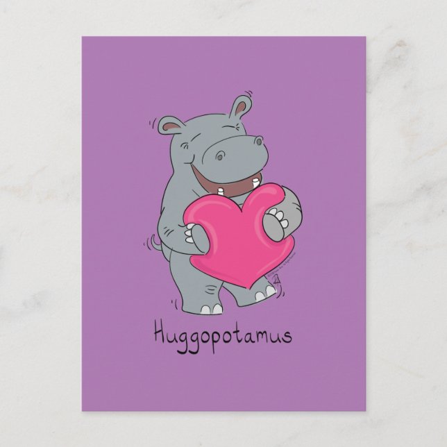 Huggopotamus Valentine's Day Hippo Postcard Purple (Front)