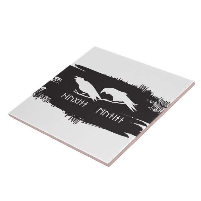 Huginn and Muninn Viking Ravens Ink Design Ceramic Tile (Side)