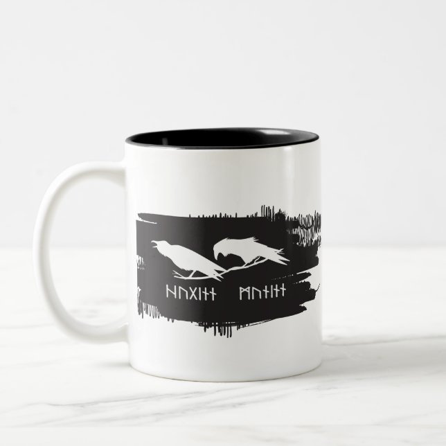 Huginn and Muninn Viking Ravens Ink Design Two-Tone Coffee Mug (Left)