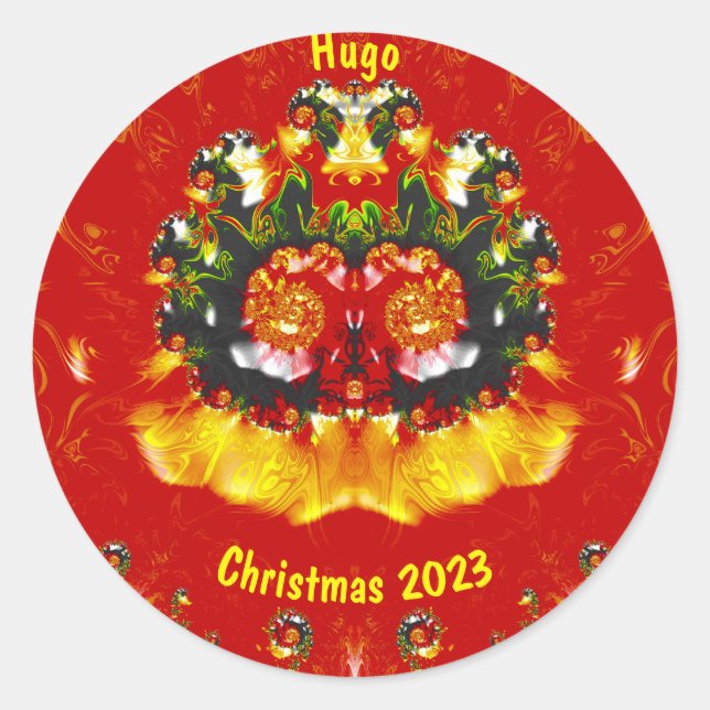 HUGO ~ CHRISTMAS Red Green Yellow Fractal ~  Classic Round Sticker (Front)