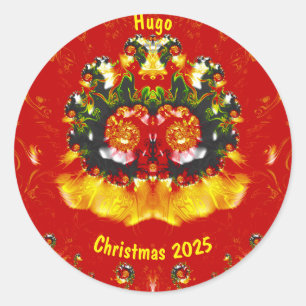 HUGO ~ CHRISTMAS Red Green Yellow Fractal ~  Classic Round Sticker
