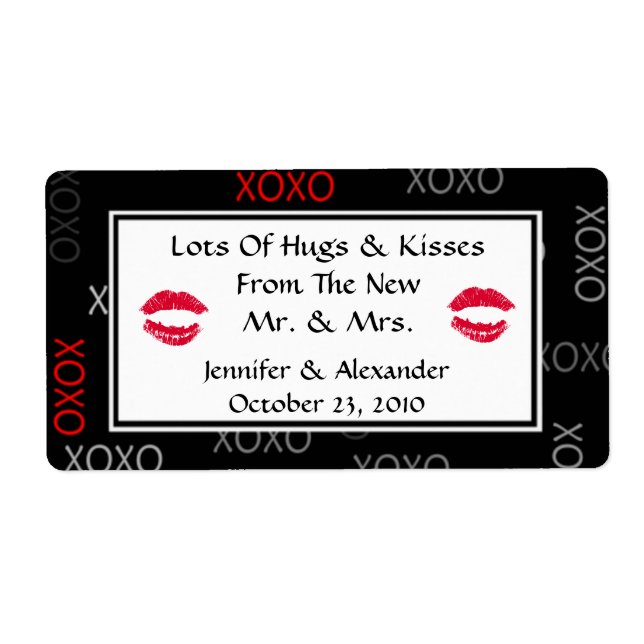 Hugs and Kisses Black Red Wedding Favour Labels (Front)