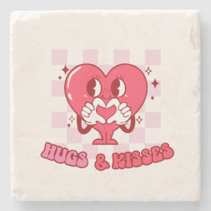 "Hugs and Kisses"   Cute & Loving Pink Heart Stone Coaster