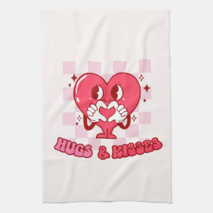 Hugs and Kisses   Cute Pink Heart Love Tea Towel