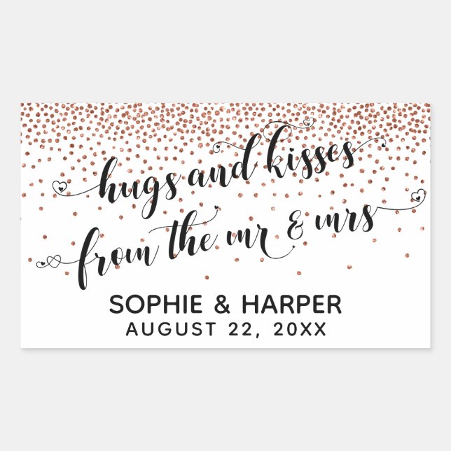 Hugs and Kisses from the Mr & Mrs Copper Confetti Rectangular Sticker (Front)