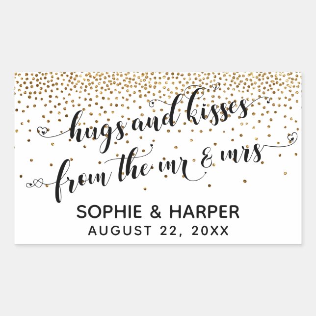 Hugs and Kisses from the Mr & Mrs Gold Confetti Rectangular Sticker (Front)