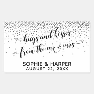 Hugs and Kisses from the Mr & Mrs Silver Confetti Rectangular Sticker