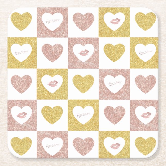 Hugs and kisses square paper coaster (Front)