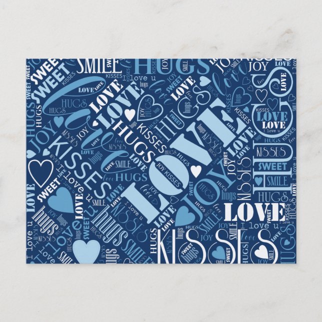 Hugs and Kisses Word Cloud Blue ID286 Postcard (Front)