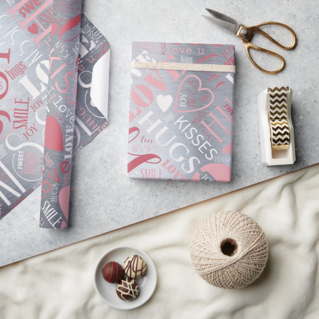 Hugs and Kisses Word Cloud Pink/Silver ID286 Wrapping Paper (Crafts)