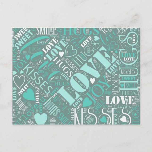 Hugs and Kisses Word Cloud Teal ID286 Postcard (Front)