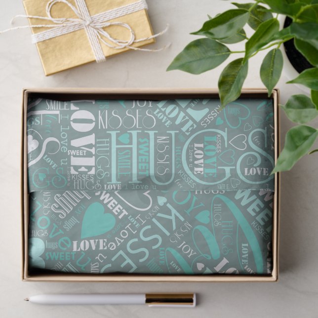 Hugs and Kisses Word Cloud Teal ID286 Tissue Paper (Gift)