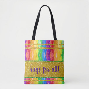 hugs for all! glitter rainbow gay pride argyle tote bag