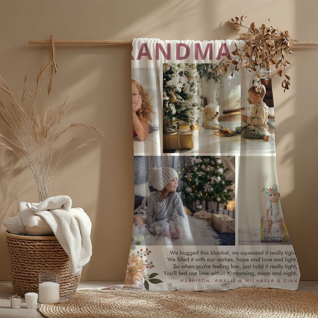'Hugs for Grandma' Floral Photo Collage Fleece Blanket (Creator Uploaded)