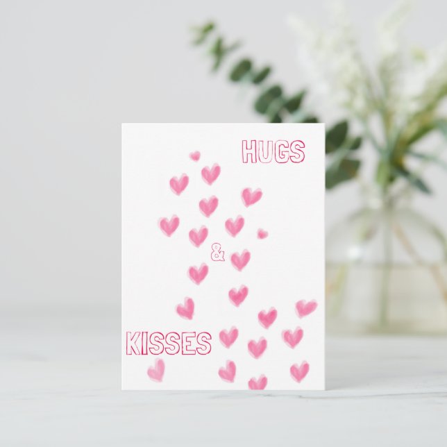 HUGS & KISSES - Cute Pink Watercolour Hearts  Postcard (Standing Front)