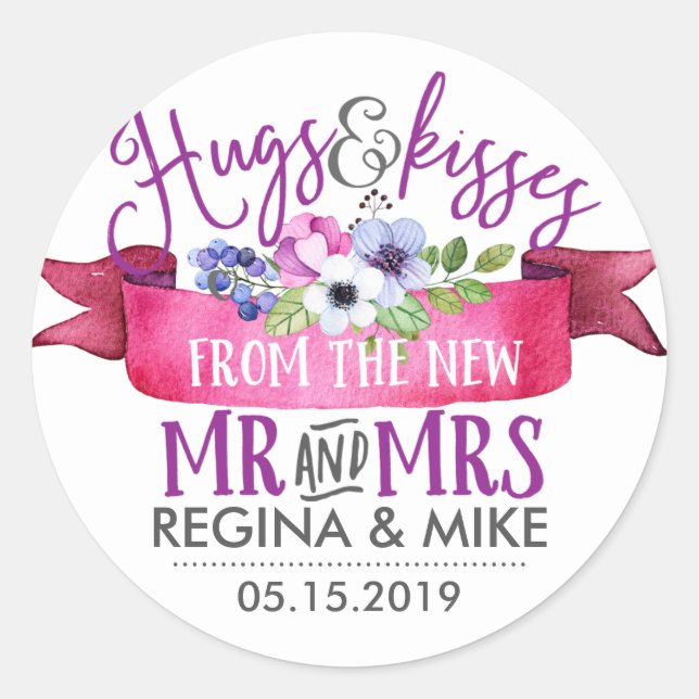 Hugs Kisses From New Mr Mrs Flower Ribbon Wedding Classic Round Sticker (Front)