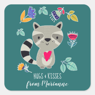 Hugs & Kisses Funny Racoon Custom Valentine's Day Square Sticker