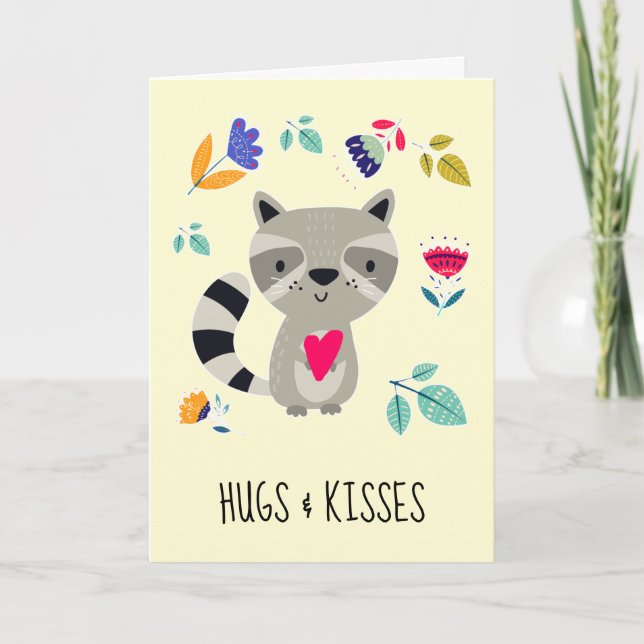Hugs & Kisses. Funny Racoon Valentine's Day Holiday Card (Front)