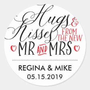 Hugs Kisses New Mr Mrs Hand Lettering Calligraphy Classic Round Sticker
